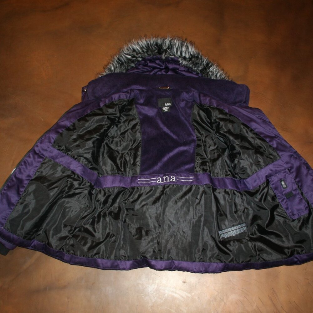 A.N.A Purple XL Down Puffer Faux Fur Trim Hood Zip Snap Jacket Coat Belt Winter - Picture 10 of 12